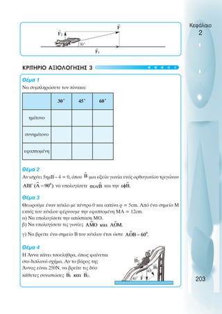 30˚
30˚ 45˚ 60˚
ηµίτονο
συνηµίτονο
εφαπτοµένη
40˚
40˚
>
203
Κεφάλαιο
2
ΚΡΙΤΗΡΙΟ ΑΞΙΟΛΟΓΗΣΗΣ 3
Θέµα 1
Να συµπληρώσετε τον πίνακα:
Θέµα 2
Αν ισχύει 5ηµΒ – 4 = 0, όπου µια οξεία γωνία ενός ορθογωνίου τριγώνου
να υπολογίσετε και την
Θέµα 3
Θεωρούµε έναν κύκλο µε κέντρο 0 και ακτίνα ρ = 5cm. Από ένα σηµείο Μ
εκτός του κύκλου φέρνουµε την εφαπτοµένη ΜΑ = 12cm.
α) Να υπολογίσετε την απόσταση ΜΟ.
β) Να υπολογίσετε τις γωνίες
γ) Να βρείτε ένα σηµείο Β του κύκλου έτσι ώστε
Θέµα 4
Η Άννα κάνει τσουλήθρα, όπως φαίνεται
στο διπλανό σχήµα. Αν το βάρος της
Άννας είναι 250Ν, να βρείτε τις δύο
κάθετες συνιστώσες
t
t
t
t
t
 