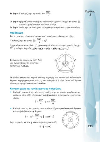 Κεφάλαιο
3
1ο βήµα: Υπολογίζουµε τη γωνία
2ο βήµα: Σχηµατίζουµε διαδοχικά ν επίκεντρες γωνίες ίσες µε τη γωνία
οι οποίες χωρίζουν τον κύκλο σε ν τόξα.
3ο βήµα: Ενώνουµε µε διαδοχικά ευθύγραµµα τµήµατα τα άκρα των τόξων.
Παράδειγµα
Για να κατασκευάσουµε ένα κανονικό πεντάγωνο κάνουµε τα εξής:
Υπολογίζουµε τη γωνία
Σχηµατίζουµε στον κύκλο (Ο,ρ) διαδοχικά πέντε επίκεντρες γωνίες ίσες µε
72˚ η καθεµία, δηλαδή
Ενώνουµε τα σηµεία Α, Β, Γ, ∆, Ε
και σχηµατίζουµε το κανονικό
πεντάγωνο ΑΒΓ∆Ε.
Ο κύκλος (Ο,ρ) που περνά από τις κορυφές του κανονικού πολυγώνου
λέγεται περιγεγραµµένος κύκλος του πολυγώνου ή λέµε ότι το πολύγωνο
είναι εγγεγραµµένο στον κύκλο (Ο,ρ).
Κεντρική γωνία και γωνία κανονικού πολυγώνου
• Καθεµία από τις ίσες επίκεντρες γωνίες µε τις οποίες χωρίζουµε τον
κύκλο σε ν ίσα τόξα λέγεται κεντρική γωνία του κανονικού ν – γώνου και
ισχύει:
ή
• Καθεµία από τις ίσες γωνίες του ν – γώνου λέγεται γωνία του πολύγωνου
και συµβολίζεται µε Ισχύει:
ή
Άρα οι γωνίες και είναι παραπληρωµατικές
213
Α B
Γ
72˚ 72˚
72˚
72˚
72˚
∆
Ε
ω
ω
ω
ω
ω
ω
φ
φ
φ φ
φ
φ
 