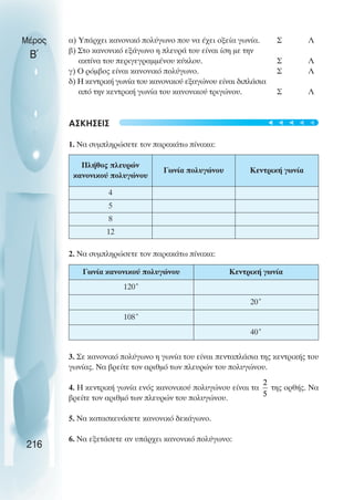Μέρος
Β΄
α) Υπάρχει κανονικό πολύγωνο που να έχει οξεία γωνία. Σ Λ
β) Στο κανονικό εξάγωνο η πλευρά του είναι ίση µε την
ακτίνα του περιγεγραµµένου κύκλου. Σ Λ
γ) Ο ρόµβος είναι κανονικό πολύγωνο. Σ Λ
δ) Η κεντρική γωνία του κανονικού εξαγώνου είναι διπλάσια
από την κεντρική γωνία του κανονικού τριγώνου. Σ Λ
ΑΣΚΗΣΕΙΣ
1. Να συµπληρώσετε τον παρακάτω πίνακα:
2. Να συµπληρώσετε τον παρακάτω πίνακα:
3. Σε κανονικό πολύγωνο η γωνία του είναι πενταπλάσια της κεντρικής του
γωνίας. Να βρείτε τον αριθµό των πλευρών του πολυγώνου.
4. Η κεντρική γωνία ενός κανονικού πολυγώνου είναι τα της ορθής. Να
βρείτε τον αριθµό των πλευρών του πολυγώνου.
5. Να κατασκευάσετε κανονικό δεκάγωνο.
6. Να εξετάσετε αν υπάρχει κανονικό πολύγωνο:
216
Πλήθος πλευρών
κανονικού πολυγώνου
Γωνία πολυγώνου Κεντρική γωνία
4
5
8
12
Γωνία κανονικού πολυγώνου Κεντρική γωνία
120˚
20˚
108˚
40˚
t
t
t
t
t
 
