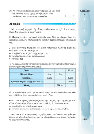 στ) Αν έχουµε µια πυραµίδα και ένα πρίσµα µε ίδια βάση
και ίσα ύψη, τότε ο όγκος του πρίσµατος είναι
τριπλάσιος από τον όγκο της πυραµίδας. Σ Λ
ΑΣΚΗΣΕΙΣ
1. Μια κανονική πυραµίδα έχει βάση τετράγωνο µε πλευρά 15cm και ύψος
20cm. Να υπολογίσετε τον όγκο της.
2. Μια κανονική πενταγωνική πυραµίδα έχει βάση µε πλευρά 12cm και
απόστηµα 10cm. Να υπολογίσετε το εµβαδόν της παράπλευρης επιφάνειάς
της.
3. Μια κανονική πυραµίδα έχει βάση τετράγωνο πλευράς 10cm και
απόστηµα 12cm. Να υπολογίσετε:
α) το εµβαδόν της παράπλευρης επιφάνειας
β) της ολικής επιφάνειας της πυραµίδας
γ) τον όγκο της.
4. Να συµπληρώσετε τον παρακάτω πίνακα που αναφέρεται στα στοιχεία
κανονικής τετραγωνικής πυραµίδας.
5. Να υπολογίσετε τον όγκο κανονικής τετραγωνικής πυραµίδας που έχει
πλευρά βάσης 16cm και παράπλευρη ακµή 17cm.
6. Μια κανονική τετραγωνική πυραµίδα έχει όλες τις ακµές της ίσες µε 5cm.
(Ένα τέτοιο σχήµα λέγεται κανονικό τετράεδρο). Να υπολογίσετε:
α) το εµβαδόν της ολικής επιφάνειας
β) τον όγκο του κανονικού τετραέδρου, αν το ύψος του είναι 4,1cm.
7. ∆ύο κανονικές τετραγωνικές πυραµίδες έχουν το ίδιο ύψος και η πλευρά
βάσης της µίας είναι διπλάσια από την πλευρά βάσης της άλλης. Να βρείτε
το λόγο των όγκων της.
Ύψος 10cm
Πλευρά βάσης 8cm 12cm
Απόστηµα 10cm 12cm
Εµβαδόν παράπλευρης επιφάνειας 240cm2
Όγκος 384cm3
Κεφάλαιο
4
255





 