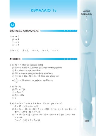 1.1
ΕΡΩΤΗΣΕΙΣ ΚΑΤΑΝΟΗΣΗΣ
1) α → 2
β → 4
γ → 6
δ → 3
2) α – Λ, β – Σ, γ – Λ, δ – Λ, ε – Λ
ΑΣΚΗΣΕΙΣ
1. α) 5x + 7, όπου x ο αριθµός αυτός
β) Π = 4x και Ε = x2
, όπου x η πλευρά του τετραγώνου
γ) 3 · x, όπου x η τιµή του κιλού
δ) 0,8 · x, όπου x η αρχική τιµή του προιόντος
ε) Π = 2x + 2(x – 5) = 4x – 10, όπου x το µήκος του
στ) x + 10, όπου x τα χρήµατα του Γιάννη
2. α) 9x – 4y
β) 22α – 27β
γ) – 2ω + 3
δ) 3,1x – 2,8y
ε) x
3. α) Α = 5x – 12 + 6x + 8 + 4x = 15x – 4 για x = – 3
Α = 15 · ( – 3) – 4 = – 49
β) Β = 7α – 14β – 6α – 6β + 5 = α – 20β + 5 για α = 7 και β = – 1
Β = 7 – 20 · ( – 1) + 5 = 32
γ) Γ = 19 – 2α + 2β – 2β + x – α – 12 = – 3α + x + 7 για x = 5 και
α = – 6
Γ = – 3 · (– 6) + 5 + 7 = 30
Λύσεις
Κεφαλαίου
1
269
ΚΕΦΑΛΑΙΟ 1ο
t
t
t
t
t
t
t
t
t
t
 