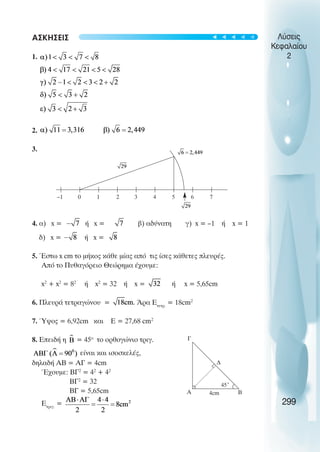 ΑΣΚΗΣΕΙΣ
1.
2.
3.
4. α) x = ή x = β) αδύνατη γ) x = –1 ή x = 1
δ) x = ή x =
5. Έστω x cm το µήκος κάθε µίας από τις ίσες κάθετες πλευρές.
Από το Πυθαγόρειο Θεώρηµα έχουµε:
x2
+ x2
= 82
ή x2
= 32 ή x = ή x = 5,65cm
6. Πλευρά τετραγώνου = Άρα Ετετρ.
= 18cm2
7. Ύψος = 6,92cm και E = 27,68 cm2
8. Επειδή η = 45ο
το ορθογώνιο τριγ.
είναι και ισοσκελές,
δηλαδή ΑΒ = ΑΓ = 4cm
Έχουµε: ΒΓ2
= 42
+ 42
ΒΓ2
= 32
ΒΓ = 5,65cm
Ετριγ.
=
Λύσεις
Κεφαλαίου
2
299
–1 0 1 2 3 4 5 6 7
Γ
Α Β
∆
45˚
4cm
t
t
t
t
t
 
