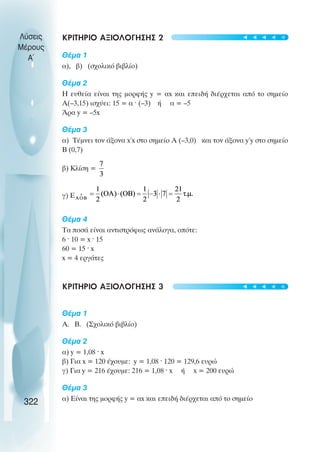 ΚΡΙΤΗΡΙΟ ΑΞΙΟΛΟΓΗΣΗΣ 2
Θέµα 1
α), β) (σχολικό βιβλίο)
Θέµα 2
Η ευθεία είναι της µορφής y = αx και επειδή διέρχεται από το σηµείο
Α(–3,15) ισχύει: 15 = α · (–3) ή α = –5
Άρα y = –5x
Θέµα 3
α) Τέµνει τον άξονα x΄x στο σηµείο Α (–3,0) και τον άξονα y΄y στο σηµείο
Β (0,7)
β) Κλίση =
γ) Ε
Θέµα 4
Τα ποσά είναι αντιστρόφως ανάλογα, οπότε:
6 · 10 = x · 15
60 = 15 · x
x = 4 εργάτες
ΚΡΙΤΗΡΙΟ ΑΞΙΟΛΟΓΗΣΗΣ 3
Θέµα 1
Α. Β. (Σχολικό βιβλίο)
Θέµα 2
α) y = 1,08 · x
β) Για x = 120 έχουµε: y = 1,08 · 120 = 129,6 ευρώ
γ) Για y = 216 έχουµε: 216 = 1,08 · x ή x = 200 ευρώ
Θέµα 3
α) Είναι της µορφής y = αx και επειδή διέρχεται από το σηµείο
Λύσεις
Μέρους
Α~
322
t
t
t
t
t
t
t
t
t
t
 