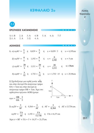2.1
ΕΡΩΤΗΣΕΙΣ ΚΑΤΑΝΟΗΣΗΣ
1) 1. Β 2. ∆ 3. Α 4. Β 5. Α 6. ∆ 7. Γ
2) 1. Λ 2. Λ 3. Σ 4. Λ
ΑΣΚΗΣΕΙΣ
1. α) εφ40 ο
= ή 0,839 = ή x = 0,839 · 5 ή x = 4,195cm
β) εφ50ο
= ή 1,192 = ή x = ή x = 5 cm
γ) εφ48ο
= ή 1,111 = ή x = ή
δ) εφ60ο
= ή 1,732 = ή x = 1,732 · 15 ή x = 25,98cm
2. Σχεδιάζουµε µια ορθή γωνία
και στην πλευρά Οx παίρνουµε τµήµα
OA = 5cm και στην πλευρά oy
παίρνουµε τµήµα ΟΒ = 3cm. Άρα στο
ορθογώνιο τρίγωνο ΑΟΒ έχουµε
εφω =
3. εφ20ο
= ή 0,364 = ή ΑΓ = ή ΑΓ ≅ 13,736 cm.
εφ50ο
= ή 1,192 = ή Γ∆ ≅ 16,37 cm
Άρα x = ΒΓ + Γ∆ = 5 + 16,37 = 21,37cm.
Λύσεις
Κεφαλαίου
2
351
ΚΕΦΑΛΑΙΟ 2ο
ω
0 A
B
3cm
y
x
5cm
t
t
t
t
t
t
t
t
t
t
 