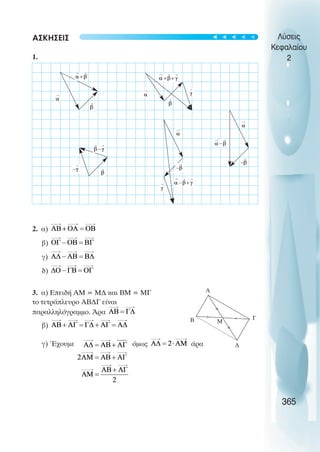 ΑΣΚΗΣΕΙΣ
1.
2. α)
β)
γ)
δ)
3. α) Επειδή ΑΜ = Μ∆ και ΒΜ = ΜΓ
το τετράπλευρο ΑΒ∆Γ είναι
παραλληλόγραµµο. Άρα
β)
γ) Έχουµε όµως άρα
Λύσεις
Κεφαλαίου
2
365
A
B Γ
∆
Μ
t
t
t
t
t
 