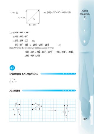 11. α), β) γ)
12. α)
β)
γ) (1)
ή (2)
Προσθέτουµε τις (1) και (2) κατά µέλη και έχουµε
2.7
ΕΡΩΤΗΣΕΙΣ ΚΑΤΑΝΟΗΣΗΣ
1) Γ: 8
2) Α: 17
ΑΣΚΗΣΕΙΣ
1.
Λύσεις
Κεφαλαίου
2
367
F2
= 20N
F1
= 15N
Fολ
t
t
t
t
t
t
t
t
t
t
 