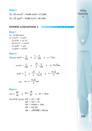 Θέµα 4
ΚΡΙΤΗΡΙΟ ΑΞΙΟΛΟΓΗΣΗΣ 2
Θέµα 1
α), β) (Θεωρία)
γ) i) εφ37ο
 εφ43ο
ii) εφ56ο
 εφ 16ο
iii) συν17ο
 συν52ο
iv) ηµ89ο
 ηµ1ο
v) ηµ40ο
= συν50ο
Θέµα 2
Έχουµε ηµ30ο
= ή ή x = 75cm
συν30ο
= ή ή
ηµ45ο
= ή ή
και
Θέµα 3
εφω = ή ή ΑΓ = 700m
Από Π.Θ. έχουµε ΑΒ2
= ΑΓ2
+ ΒΓ2
ΑΒ2
= 7002
+ 702
ΑΒ2
= 490000 + 4900
ΑΒ2
= 494.900
Λύσεις
Κεφαλαίου
2
369
t
t
t
t
t
 