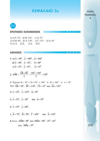 3.1
ΕΡΩΤΗΣΕΙΣ ΚΑΤΑΝΟΗΣΗΣ
1) á) Ã: 55ï
, â) Â: 110ï
, ã) Á: 35ï
2) á) Â. 40ï
, â) Á. 120ï
, ã) Ã. 115ï
, ä) Ä. 65ï
3) á) Ë, â) Ó, ã) Ó, ä) Ó
ÁÓÊÇÓÅÉÓ
1.
2.
3. ¸÷ïõìå 6x – 10°+ 2x +30° = 180° Þ 8x = 160° Þ x = 20°
¢ñá
4.
5.
6.
7.
8. Åßíáé
άñá
Λύσεις
Κεφαλαίου
3
373
ΚΕΦΑΛΑΙΟ 3ο
t
t
t
t
t
t
t
t
t
t
 