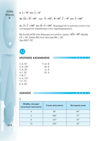 9.
10. άρα
11. Πáñáôçñþ üôé ïé áðÝíáíôé ãùíßåò åíüò
åããåãñáììÝíïõ ôåôñÜðëåõñïõ åßíáé ðáñáðëçñùìáôéêÝò.
12. ÅðåéäÞ ÁÏÆ åßíáé äéÜìåôñïò ôïõ êýêëïõ, Ý÷ïõìå δçëáäÞ
ÃÆ ⊥ ÁÃ. Áêüìá ÂÄ åßíáé ýøïò Üñá ÂÄ ⊥ ÁÃ
¢ñá ÂÄ
 ÃÆ
3.2
ÅÑÙÔÇÓÅÉÓ ÊÁÔÁÍÏÇÓÇÓ
1. Ä. 36° 9. á) Ó
2. Ä. 120° â) Ó
3. Α. 24° ã) Ë
4. Ã. 30° ä) Ë
5. Â. 3°
6. Á. 135°
7. Ã. 72°
8. Ä. 90°
ÁÓÊÇÓÅÉÓ
1.
Λύσεις
Μέρους
B~
374
ÐëÞèïò ðëåõñþí
êáíïíéêïý ðïëõãþíïõ
Ãùíßá ðïëõãþíïõ ÊåíôñéêÞ ãùíßá
4 90° 90°
5 108° 72°
8 135° 45°
12 150° 30°
t
t
t
t
t
t
t
t
t
t
 