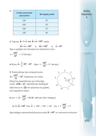 2.
3. ¸÷ïõìå ïðüôå
Þ Þ
¢ñá ï áñéèìüò ôùí ðëåõñþí ôïõ ðïëõãþíïõ åßíáé
= 12 ðëåõñÝò
4. Åßíáé ¢ñá v = ðëåõñÝò
5. Õðïëïãßæïõìå ôçí êåíôñéêÞ ãùíßá
ΓñÜöïõìå ôïí êýêëï
(O,ñ) êáé ó÷çìáôßæïõìå ìéá åðßêåíôñç
ãùíßá ó÷åäéÜæïõìå äéáäï÷éêÜ
ôüîá ßóá ìå ôï êáé öÝñíïõìå ôéò ÷ïñäÝò
ôùí ðáñáðÜíù ôüîùí.
6. á) v = áäýíáôï (∆åí õðÜñ÷åé)
â) Áí ôüôå = 180° – 140° = 40° êáé v = = 9
¢ñá õðÜñ÷åé êáíïíéêü ðïëýãùíï ìå ãùíßá ôï κανονικό åííéÜãùíï.
Λύσεις
Κεφαλαίου
3
375
Ãùíßá κανονικού
ðïëõãþíïõ
ÊåíôñéêÞ ãùíßá
120° 30°
160° 20°
108° 72°
140° 40°
Α
B
Γ
Η
Ζ
∆
Ε
Θ Ι
40˚
O
 