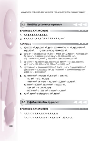 438
1.
1.
2.
3.
4.
5.
6.
2.
∂ƒø∆∏™∂π™ ∫∞∆∞¡O∏™∏™
1.2 ªÔÓ¿‰Â˜ Ì¤ÙÚËÛË˜ ÂÈÊ·ÓÂÈÒÓ
∞™∫∏™∂π™
1.
∂ƒø∆∏™∂π™ ∫∞∆∞¡O∏™∏™
1.3 ∂Ì‚·‰¿ Â›Â‰ˆÓ Û¯ËÌ¿ÙˆÓ
·) 12 m2 = 120.000 cm2, ‚) 175 dm2 = 17.500 cm2, Á) 456 m2 = 4.560.000 cm2,
‰) 136 m2 = 1.360.000 cm2, Â) 3 km2 = 30.000.000.000 cm2,
ÛÙ) 1750 m2 = 17,5 cm2, ˙) 256 km2 = 2.560.000.000.000 cm2
·) 12 km2 = 12.000.000.000.000 mm2, ‚) 431 m2 = 431.000.000 mm2,
Á) 17 dm2 = 170.000 mm2, ‰) 236 cm2 = 23.600 mm2
·) 7233 mm2 = 0,000000007233 km2, ‚) 4321 cm2 = 0,0000004321 km2,
Á) 6322 dm2 = 0,00006322 km2, ‰) 14632 mm2 = 0,000000014632 km2
Â) 560 m2 = 0,00056 km2,
∞¶∞¡∆∏™∂π™ ™∆π™ ∂ƒø∆∏™∂π™ ∫∞π §À™∂π™ ∆ø¡ ∞™∫∏™∂ø¡ ∆OÀ ™ÃO§π∫OÀ µπµ§πOÀ
 