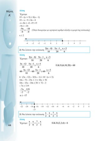 Λύση
Έχουµε
19 – (x + 9) ≥ 8(x – 1)
19 – x – 9 ≥ 8x – 8
–x –8x ≥ –8 –19 +9
–9x ≥ –18
(Όταν διαιρούµε µε αρνητικό αριθµό αλλάζει η φορά της ανίσωσης)
x ≤ 2
2) Να λύσετε την ανίσωση
Λύση
Έχουµε:
6 ˆ (3x – 12) – 3(5x – 1) ≥ 10 ˆ (x + 5)
18x – 72 – 15x + 3 ≥ 10x + 50
18x – 15x – 10x ≥ 50 + 72 – 3
– 7x ≥ 119
3) Να λύσετε την ανίσωση
Λύση
Έχουµε:
Μέρος
Α΄
44
–1
–2
–3
–4 0 1 2 3 4 5
–8
–10
–12
–14
–16
–18
–20
–22 –6 –4 –2 0 2 4
–17
 