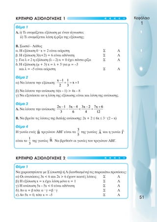 ΚΡΙΤΗΡΙΟ ΑΞΙΟΛΟΓΗΣΗΣ 1
Θέµα 1
Α. i) Τι ονοµάζεται εξίσωση µε έναν άγνωστο;
ii) Τι ονοµάζεται λύση ή ρίζα της εξίσωσης;
Β. Σωστό - Λάθος
α. Η εξίσωση 0 ˆ x = 2 είναι αόριστη Σ Λ
β. Η εξίσωση 3(x+2) = 6 είναι αδύνατη Σ Λ
γ. Για λ ≠ 2 η εξίσωση (λ – 2) x = 0 έχει πάντα ρίζα Σ Λ
δ. Η εξίσωση (µ + 3) x = λ + 5 για µ = –3
και λ = –5 είναι αόριστη Σ Λ
Θέµα 2
α) Να λύσετε την εξίσωση:
β) Να λύσετε την ανίσωση: 6(x – 1) > 4x – 8
γ) Να εξετάσετε αν η λύση της εξίσωσης είναι και λύση της ανίσωσης.
Θέµα 3
Α. Να λύσετε την ανίσωση:
B. Nα βρείτε τις λύσεις της διπλής ανίσωσης: 2x + 2 ≤ 6x ≤ 3 ˆ (2 – x)
Θέµα 4
Η γωνία ενός τριγώνου ΑΒΓ είναι τα της γωνίας και η γωνία
είναι το της γωνίας Να βρεθούν οι γωνίες του τριγώνου ΑΒΓ.
ΚΡΙΤΗΡΙΟ ΑΞΙΟΛΟΓΗΣΗΣ 2
Θέµα 1
Να χαρακτητίσετε µε Σ (σωστή) ή Λ (λανθασµένη) τις παρακάτω προτάσεις:
α) Οι ανισώσεις 3x < 6 και 2x > 6 έχουν κοινές λύσεις Σ Λ
β) Η εξίσωση x = x έχει λύση µόνο x = 1 Σ Λ
γ) Η ανίσωση 5x – 5x < 0 είναι αδύνατη Σ Λ
δ) Αν α = β τότε α ˆ γ =β ˆ γ Σ Λ
ε) Αν 5x = 0, τότε x = –5 Σ Λ
Κεφάλαιο
1
51
t
t
t
t
t
t
t
t
t
t
 
