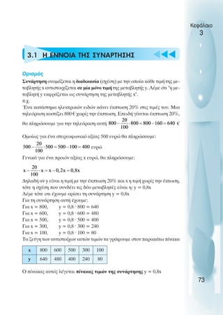 u t
t
t
3.1 Η ΕΝΝΟΙΑ ΤΗΣ ΣΥΝΑΡΤΗΣΗΣ
Oρισµός
Συνάρτηση ονοµάζεται η διαδικασία (σχέση) µε την οποία κάθε τιµή της µε-
ταβλητής x αντιστοιχίζεται σε µία µόνο τιµή της µεταβλητής y. Λέµε ότι "η µε-
ταβλητή y εκφράζεται ως συνάρτηση της µεταβλητής x".
π.χ.
Ένα κατάστηµα ηλεκτρικών ειδών κάνει έκπτωση 20% στις τιµές του. Μια
τηλεόραση κοστίζει 800 € χωρίς την έκπτωση. Επειδή γίνεται έκπτωση 20%,
θα πληρώσουµε για την τηλεόραση αυτή €
Oµοίως για ένα στερεοφωνικό αξίας 500 ευρώ θα πληρώσουµε:
ευρώ
Γενικά για ένα προιόν αξίας x ευρώ, θα πληρώσουµε:
∆ηλαδή αν y είναι η τιµή µε την έκπτωση 20% και x η τιµή χωρίς την έκτωση,
τότε η σχέση που συνδέει τις δύο µεταβλητές είναι η: y = 0,8x
Λέµε τότε οτι έχουµε ορίσει τη συνάρτηση y = 0,8x
Για τη συνάρτηση αυτή έχουµε:
Για x = 800, y = 0,8 ˆ 800 = 640
Για x = 600, y = 0,8 ˆ 600 = 480
Για x = 500, y = 0,8 ˆ 500 = 400
Για x = 300, y = 0,8 ˆ 300 = 240
Για x = 100, y = 0,8 ˆ 100 = 80
Τα ζεύγη των αντιστοίχων αυτών τιµών τα γράφουµε στον παρακάτω πίνακα
O πίνακας αυτός λέγεται πίνακας τιµών της συνάρτησης y = 0,8x
Κεφάλαιο
3
73
x 800 600 500 300 100
y 640 480 400 240 80
 