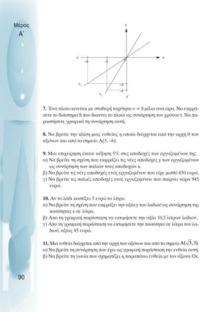 7. Ένα πλοίο κινείται µε σταθερή ταχύτητα υ = 8 µίλια ανα ώρα. Να εκφρά-
σετε το διάστηµα S που διανύει το πλοίο ως συνάρτηση του χρόνου t. Να πα-
ραστήσετε γραφικά τη συνάρτηση αυτή.
8. Να βρείτε την κλίση µιας ευθείας η οποία διέρχεται από την αρχή 0 των
αξόνων και από το σηµείο Λ(3, –6).
9. Μια επιχείρηση έκανε αύξηση 5% στις αποδοχές των εργαζοµένων της.
α) Να βρείτε τη σχέση που εκφράζει τις νέες αποδοχές y των εργαζοµένων
ως συνάρτηση των παλιών τους αποδοχών x.
β) Να βρείτε τις νέες αποδοχές ενός εργαζοµένου που είχε µισθό 850 ευρώ.
γ) Να βρείτε τις παλιές αποδοχές ενός εργαζοµένου που παίρνει τώρα 945
ευρώ.
10. Αν το λάδι κοστίζει 5 ευρώ το λίτρο.
α) Να βρείτε τη σχέση που εκφράζει την αξία y του λαδιού ως συνάρτηση της
ποσότητας x σε λίτρα.
β) Απο τη γραφική παράσταση να εκτιµήσετε την αξία 10,5 λίτρων λαδιού.
γ) Απο τη γραφική παράσταση να εκτιµήσετε την ποσότητα σε λίτρα του λα-
διού, αξίας 45 ευρώ.
11. Μια ευθεία διέρχεται από την αρχή των αξόνων και από το σηµείο
α) Να βρείτε τη συνάρτηση που έχει ως γραφική παράσταση την ευθεία αυτή.
β) Να βρείτε τη γωνία που σχηµατίζει η παραπάνω ευθεία µε τον άξονα Οx.
Μέρος
Α΄
90
–4
–5
–6 –3
y
y΄
x΄ x
ε1
0
ε2
 