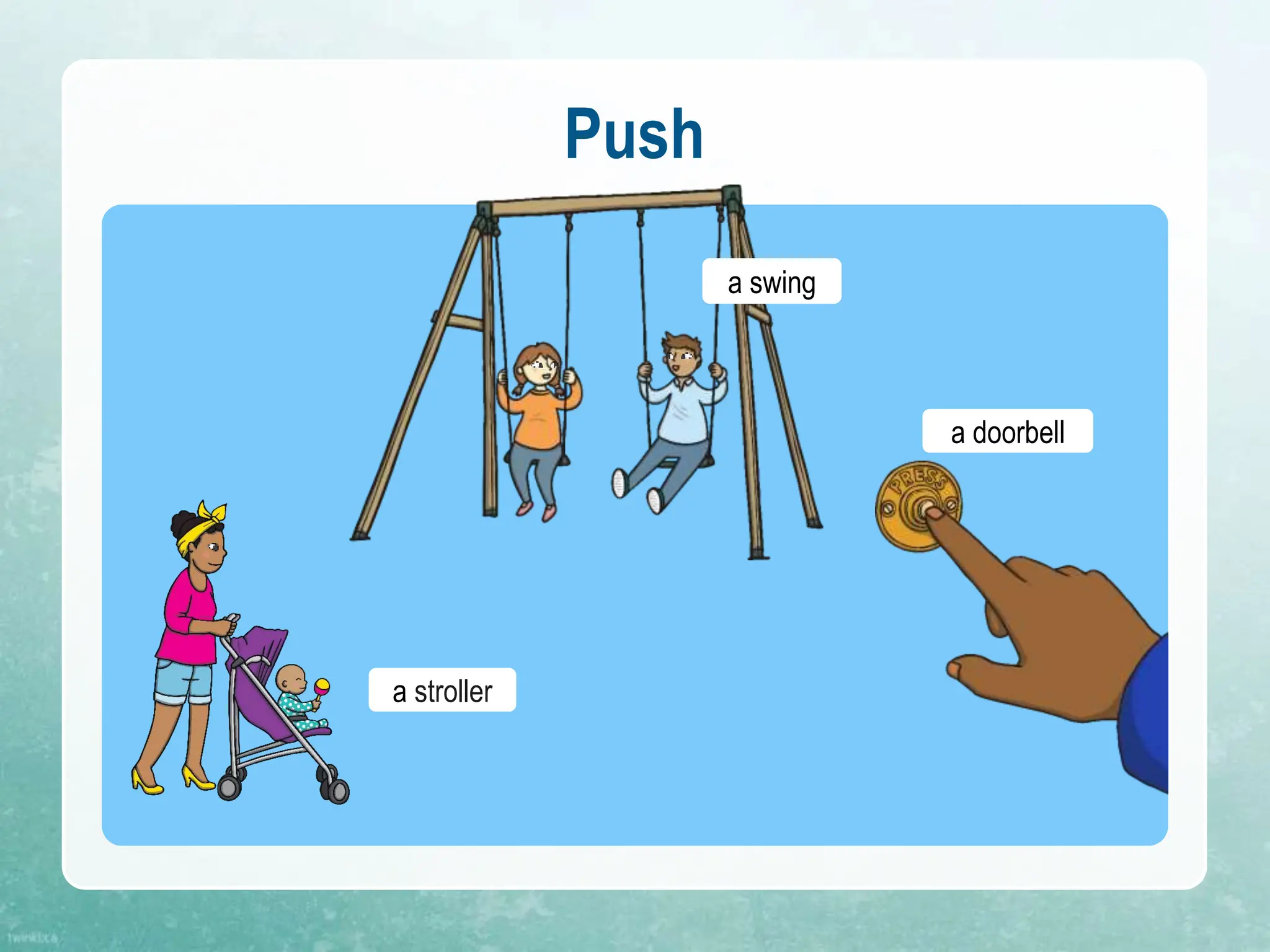 Push
a swing
a doorbell
a stroller
 