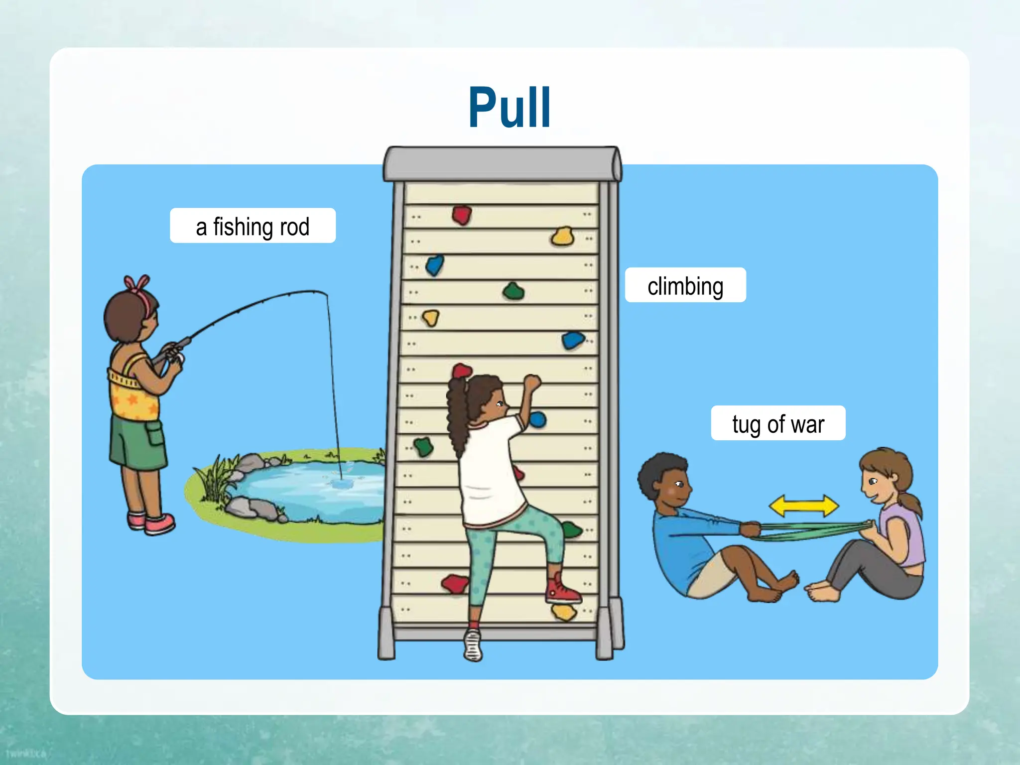 Pull
a fishing rod
climbing
tug of war
 