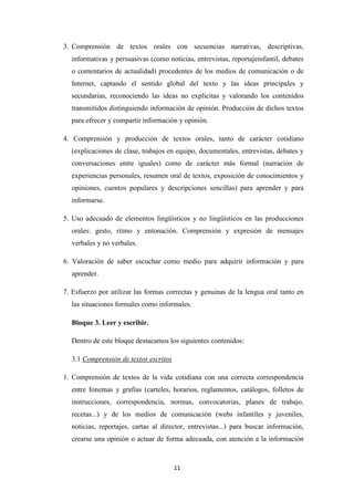3. Comprensión de textos orales con secuencias narrativas, descriptivas,
informativas y persuasivas (como noticias, entrevistas, reportajeinfantil, debates
o comentarios de actualidad) procedentes de los medios de comunicación o de
Internet, captando el sentido global del texto y las ideas principales y
secundarias, reconociendo las ideas no explícitas y valorando los contenidos
transmitidos distinguiendo información de opinión. Producción de dichos textos
para ofrecer y compartir información y opinión.
4. Comprensión y producción de textos orales, tanto de carácter cotidiano
(explicaciones de clase, trabajos en equipo, documentales, entrevistas, debates y
conversaciones entre iguales) como de carácter más formal (narración de
experiencias personales, resumen oral de textos, exposición de conocimientos y
opiniones, cuentos populares y descripciones sencillas) para aprender y para
informarse.
5. Uso adecuado de elementos lingüísticos y no lingüísticos en las producciones
orales: gesto, ritmo y entonación. Comprensión y expresión de mensajes
verbales y no verbales.
6. Valoración de saber escuchar como medio para adquirir información y para
aprender.
7. Esfuerzo por utilizar las formas correctas y genuinas de la lengua oral tanto en
las situaciones formales como informales.
Bloque 3. Leer y escribir.
Dentro de este bloque destacamos los siguientes contenidos:
3.1 Comprensión de textos escritos
1. Comprensión de textos de la vida cotidiana con una correcta correspondencia
entre fonemas y grafías (carteles, horarios, reglamentos, catálogos, folletos de
instrucciones, correspondencia, normas, convocatorias, planes de trabajo,
recetas...) y de los medios de comunicación (webs infantiles y juveniles,
noticias, reportajes, cartas al director, entrevistas...) para buscar información,
crearse una opinión o actuar de forma adecuada, con atención a la información

11

 