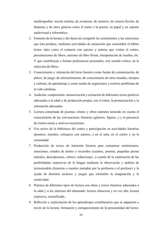 autobiografías, novela realista, de aventuras, de misterio, de ciencia ficción, de
fantasía) y de otros géneros como el teatro o la poesía, en papel y en soporte
audiovisual e informático.
2. Fomento de la lectura y del deseo de compartir los sentimientos y las emociones
que ésta produce, mediante actividades de animación que consoliden el hábito
lector, tales como el contacto con autores y autoras que visiten el centro,
presentaciones de libros, sesiones de libro fórum, interpretación de reseñas, etc.
Y que contribuyan a formar preferencias personales, con sentido crítico, en la
selección de libros.
3. Conocimiento y valoración del texto literario como fuente de comunicación, de
placer, de juego, de entretenimiento, de conocimiento de otros mundos, tiempos
y culturas, de aprendizaje y como medio de organizarse y resolver problemas de
la vida cotidiana.
4. Audición, comprensión, memorización y recitación de diferentes textos poéticos
adecuados a la edad y de producción propia, con el ritmo, la pronunciación y la
entonación adecuadas.
5. Lectura comentada de poemas, relatos y obras teatrales teniendo en cuenta el
conocimiento de las convenciones literarias (géneros, figuras...) y la presencia
de ciertos temas y motivos recurrentes.
6. Uso activo de la biblioteca del centro y participación en actividades literarias
(premios, murales, coloquios con autores...) en el aula, en el centro y en la
comunidad.
7. Producción de textos de intención literaria para comunicar sentimientos,
emociones, estados de ánimo o recuerdos (cuentos, poemas, pequeñas piezas
teatrales, descripciones, cómics, redacciones...) a partir de la exploración de las
posibilidades expresivas de la lengua mediante la observación y análisis de
textosmodelo (historias o cuentos narrados por la profesora o el profesor) y la
ayuda de distintos recursos y juegos que estimulen la imaginación y la
creatividad.
8. Práctica de diferentes tipos de lectura con obras y textos literarios adecuados a
la edad y a los intereses del alumnado: lectura silenciosa y en voz alta, lectura
expresiva, escenificada...
9. Reflexión y explicitación de los aprendizajes extraliterarios que se adquieren a
través de la lectura: formación y enriquecimiento de la personalidad del lector,
15

 