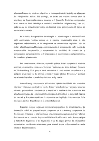 alumnas alcancen los objetivos educativos y, consecuentemente, también que adquieran
las competencias básicas. Sin embargo, no existe una relación unívoca entre la
enseñanza de determinadas áreas o materias y el desarrollo de ciertas competencias.
Cada una de las áreas contribuye al desarrollo de diferentes competencias y, a su vez,
cada una de las competencias básicas se alcanzará como consecuencia del trabajo en
varias áreas o materias.
En el marco de la propuesta realizada por la Unión Europea se han identificado
ocho competencias básicas, aunque en la presente programación anual la más
importante, evidentemente, es la competencia en comunicación lingüística. Esta se
refiere a la utilización del lenguaje como instrumento de comunicación oral y escrita, de
representación, interpretación y comprensión de larealidad, de construcción y
comunicación del conocimiento y de organización y autorregulación del pensamiento,
las emociones y la conducta.
Los conocimientos, destrezas y actitudes propios de esta competencia permiten
expresar pensamientos, emociones, vivencias y opiniones, así como dialogar, formarse
un juicio crítico y ético, generar ideas, estructurar el conocimiento, dar coherencia y
cohesión al discurso y a las propias acciones y tareas, adoptar decisiones, y disfrutar
escuchando, leyendo o expresándose de forma oral y escrita.
Comunicarse y conversar son acciones que suponen habilidades para establecer
vínculos y relaciones constructivas con los demás y con el entorno, y acercarse a nuevas
culturas, que adquieren consideración y respeto en la medida en que se conocen. Por
ello, la competencia de comunicación lingüística está presente en la capacidad efectiva
de convivir y de resolver conflictos. La comunicación lingüística debe ser motor de la
resolución pacífica de conflictos en la comunidad escolar.
Escuchar, exponer y dialogar implica ser consciente de los principales tipos de
interacción verbal, ser progresivamente competente en la expresión y comprensión de
los mensajes orales que se intercambianen situaciones comunicativas diversas y adaptar
la comunicación al contexto. Supone también la utilización activa y efectiva de códigos
y habilidades lingüísticas y no lingüísticas y de las reglas propias del intercambio
comunicativo en diferentes situaciones, para producir textos orales adecuados a cada
situación de comunicación.
25

 