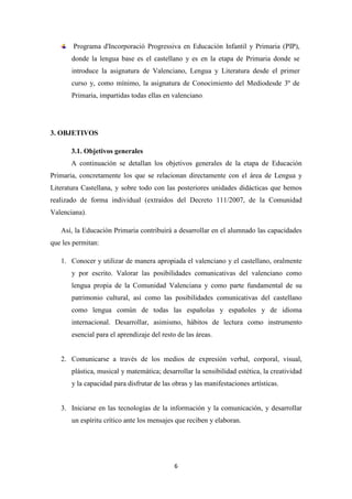 Programa d'Incorporació Progressiva en Educación Infantil y Primaria (PIP),
donde la lengua base es el castellano y es en la etapa de Primaria donde se
introduce la asignatura de Valenciano, Lengua y Literatura desde el primer
curso y, como mínimo, la asignatura de Conocimiento del Mediodesde 3º de
Primaria, impartidas todas ellas en valenciano.

3. OBJETIVOS
3.1. Objetivos generales
A continuación se detallan los objetivos generales de la etapa de Educación
Primaria, concretamente los que se relacionan directamente con el área de Lengua y
Literatura Castellana, y sobre todo con las posteriores unidades didácticas que hemos
realizado de forma individual (extraídos del Decreto 111/2007, de la Comunidad
Valenciana).
Así, la Educación Primaria contribuirá a desarrollar en el alumnado las capacidades
que les permitan:
1. Conocer y utilizar de manera apropiada el valenciano y el castellano, oralmente
y por escrito. Valorar las posibilidades comunicativas del valenciano como
lengua propia de la Comunidad Valenciana y como parte fundamental de su
patrimonio cultural, así como las posibilidades comunicativas del castellano
como lengua común de todas las españolas y españoles y de idioma
internacional. Desarrollar, asimismo, hábitos de lectura como instrumento
esencial para el aprendizaje del resto de las áreas.

2. Comunicarse a través de los medios de expresión verbal, corporal, visual,
plástica, musical y matemática; desarrollar la sensibilidad estética, la creatividad
y la capacidad para disfrutar de las obras y las manifestaciones artísticas.

3. Iniciarse en las tecnologías de la información y la comunicación, y desarrollar
un espíritu crítico ante los mensajes que reciben y elaboran.

6

 