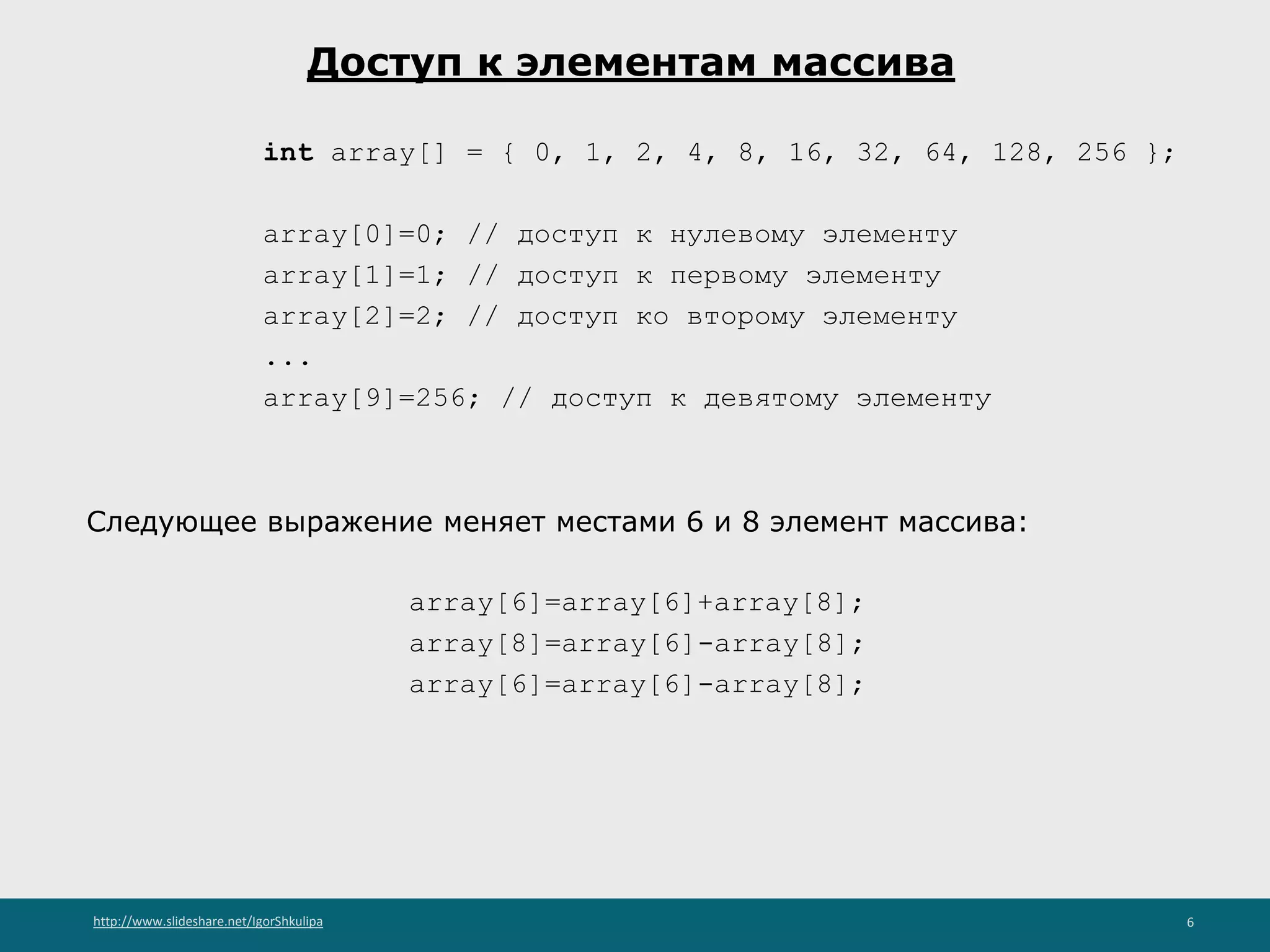 http://www.slideshare.net/IgorShkulipa 6
Доступ к элементам массива
int array[] = { 0, 1, 2, 4, 8, 16, 32, 64, 128, 256 };
array[0]=0; // доступ к нулевому элементу
array[1]=1; // доступ к первому элементу
array[2]=2; // доступ ко второму элементу
...
array[9]=256; // доступ к девятому элементу
Следующее выражение меняет местами 6 и 8 элемент массива:
array[6]=array[6]+array[8];
array[8]=array[6]-array[8];
array[6]=array[6]-array[8];
 