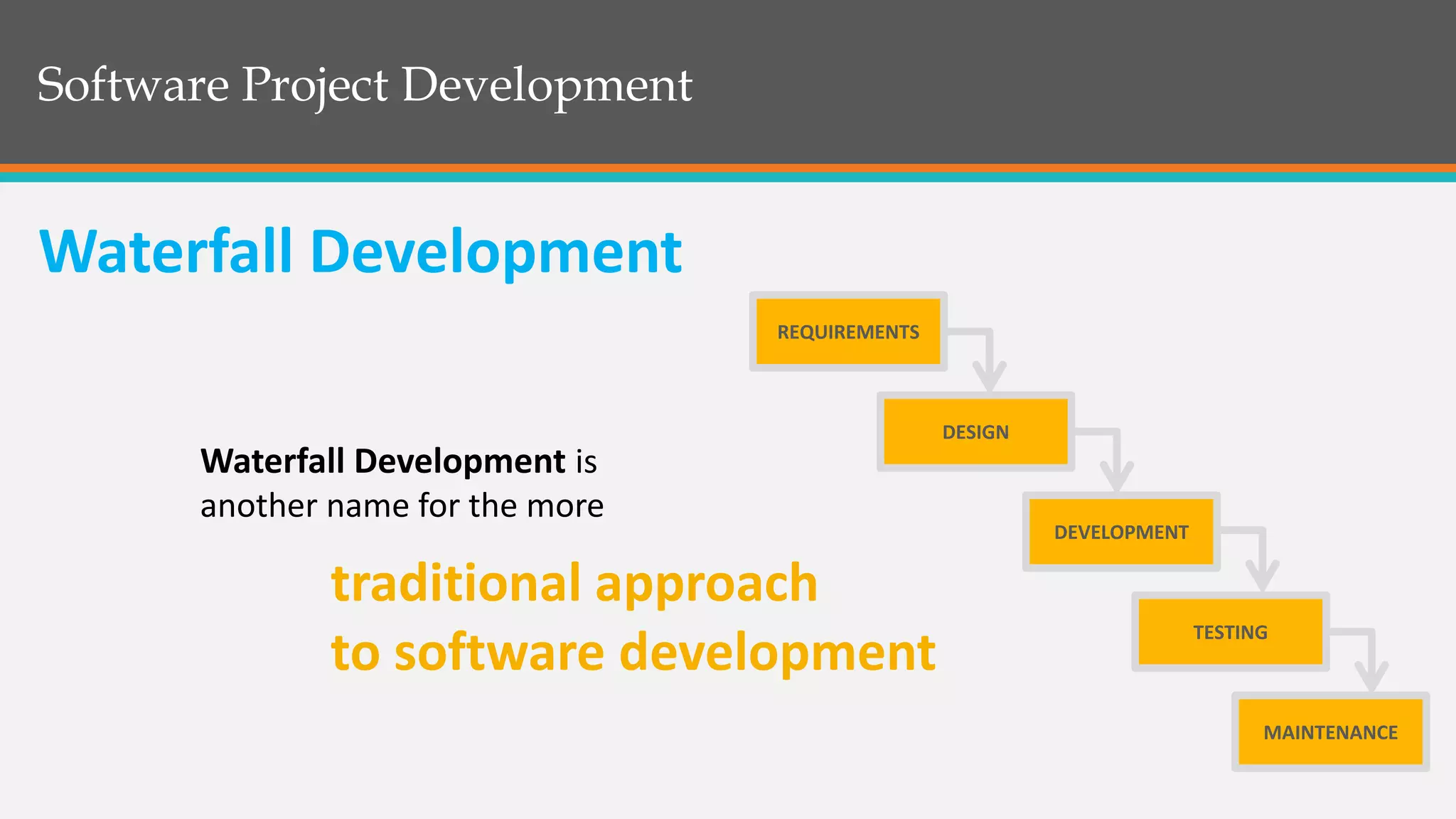 Software Project Development
traditional approach
to software development
REQUIREMENTS
DESIGN
DEVELOPMENT
TESTING
MAINTENANCE
Waterfall Development is
another name for the more
Waterfall Development
 