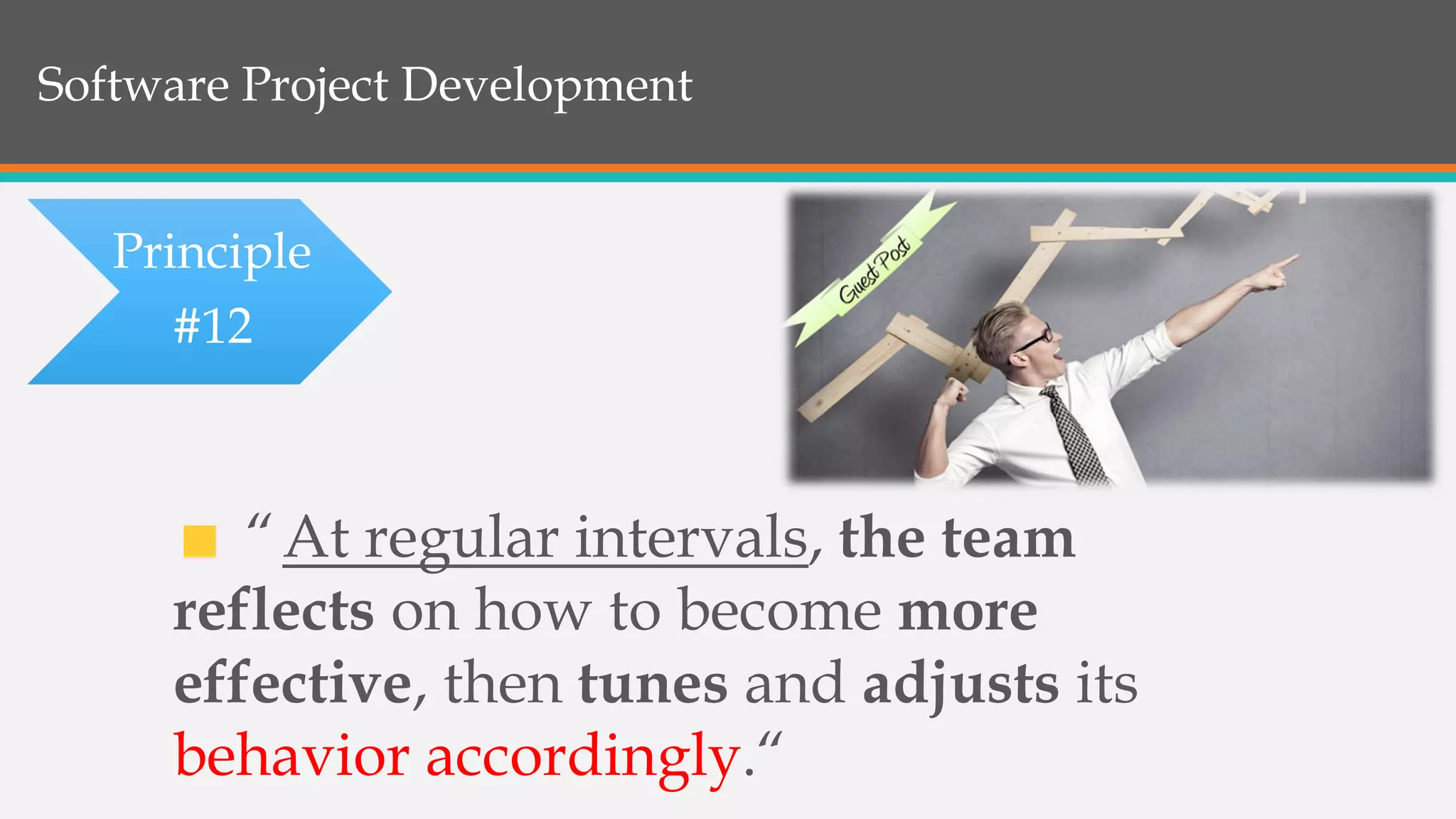 Software Project Development
“At regular intervals, the team
reflects on how to become more
effective, then tunes and adjusts its
behavior accordingly.“
Principle
#12
 