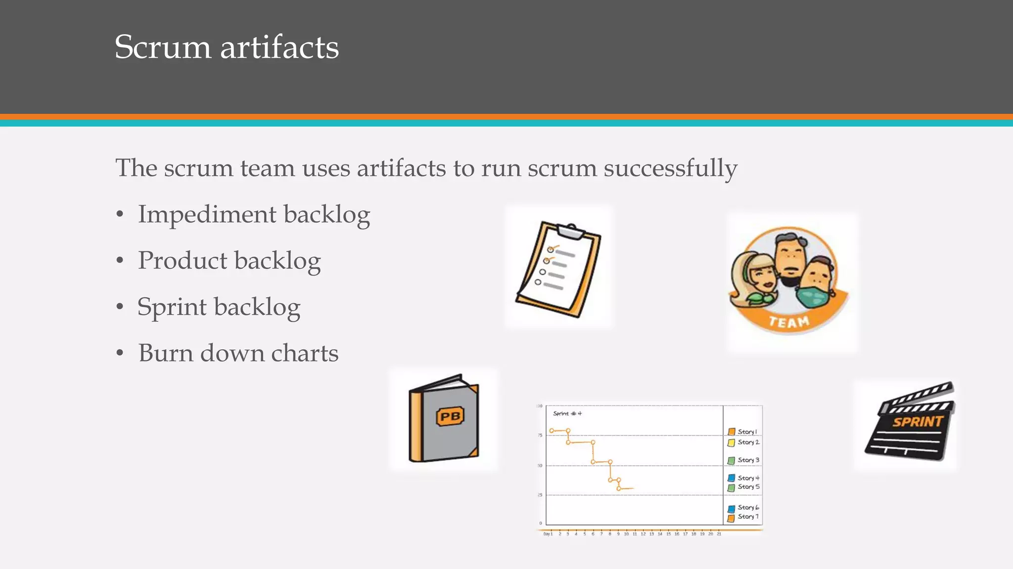 Scrum artifacts
The scrum team uses artifacts to run scrum successfully
• Impediment backlog
• Product backlog
• Sprint backlog
• Burn down charts
 