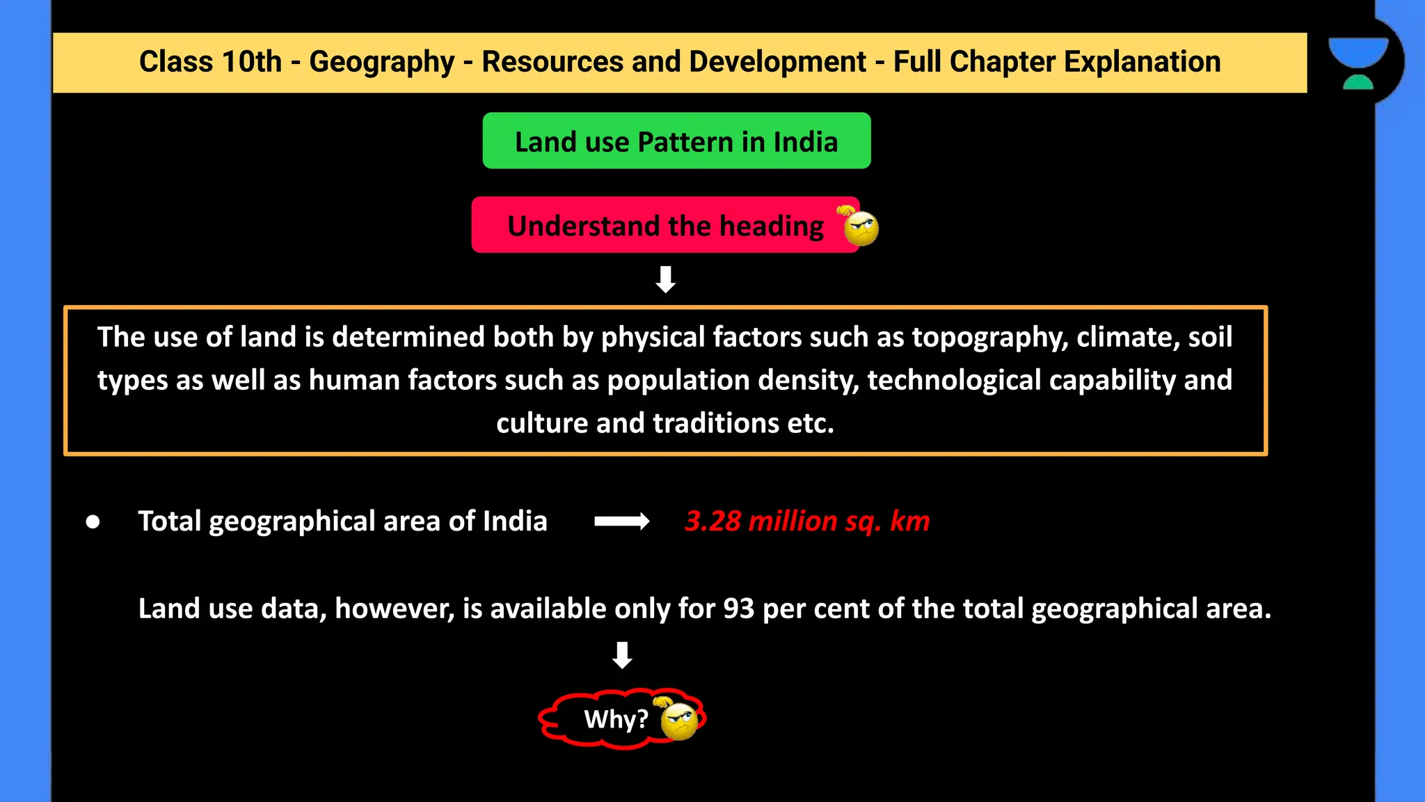 Class 10th - Geography - Resources and Development - Full Chapter Explanation
● Total geographical area of India 3.28 million sq. km
Land use data, however, is available only for 93 per cent of the total geographical area.
Land use Pattern in India
Understand the heading
The use of land is determined both by physical factors such as topography, climate, soil
types as well as human factors such as population density, technological capability and
culture and traditions etc.
Why?
 