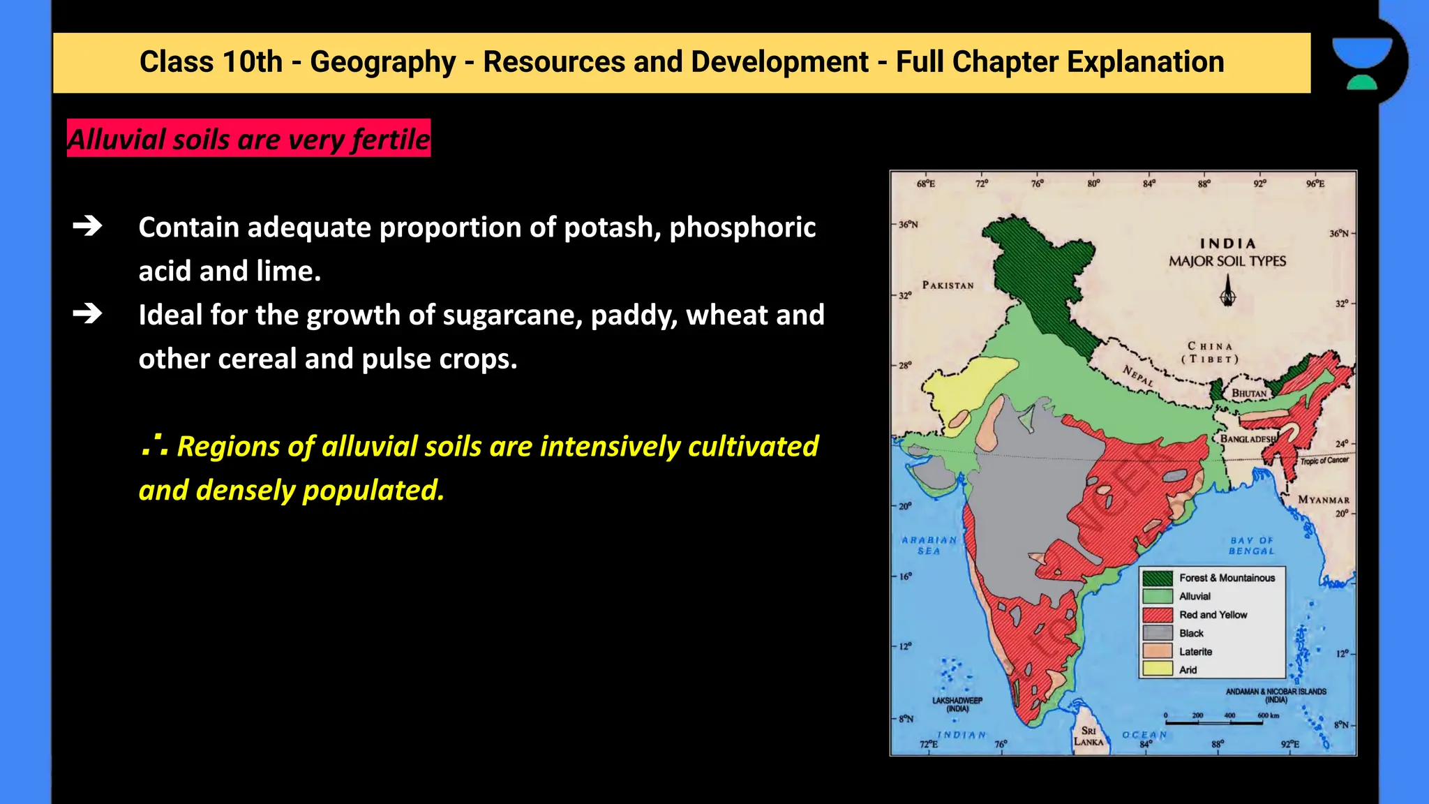 Class 10th - Geography - Resources and Development - Full Chapter Explanation
Alluvial soils are very fertile
➔ Contain adequate proportion of potash, phosphoric
acid and lime.
➔ Ideal for the growth of sugarcane, paddy, wheat and
other cereal and pulse crops.
∴ Regions of alluvial soils are intensively cultivated
and densely populated.
 