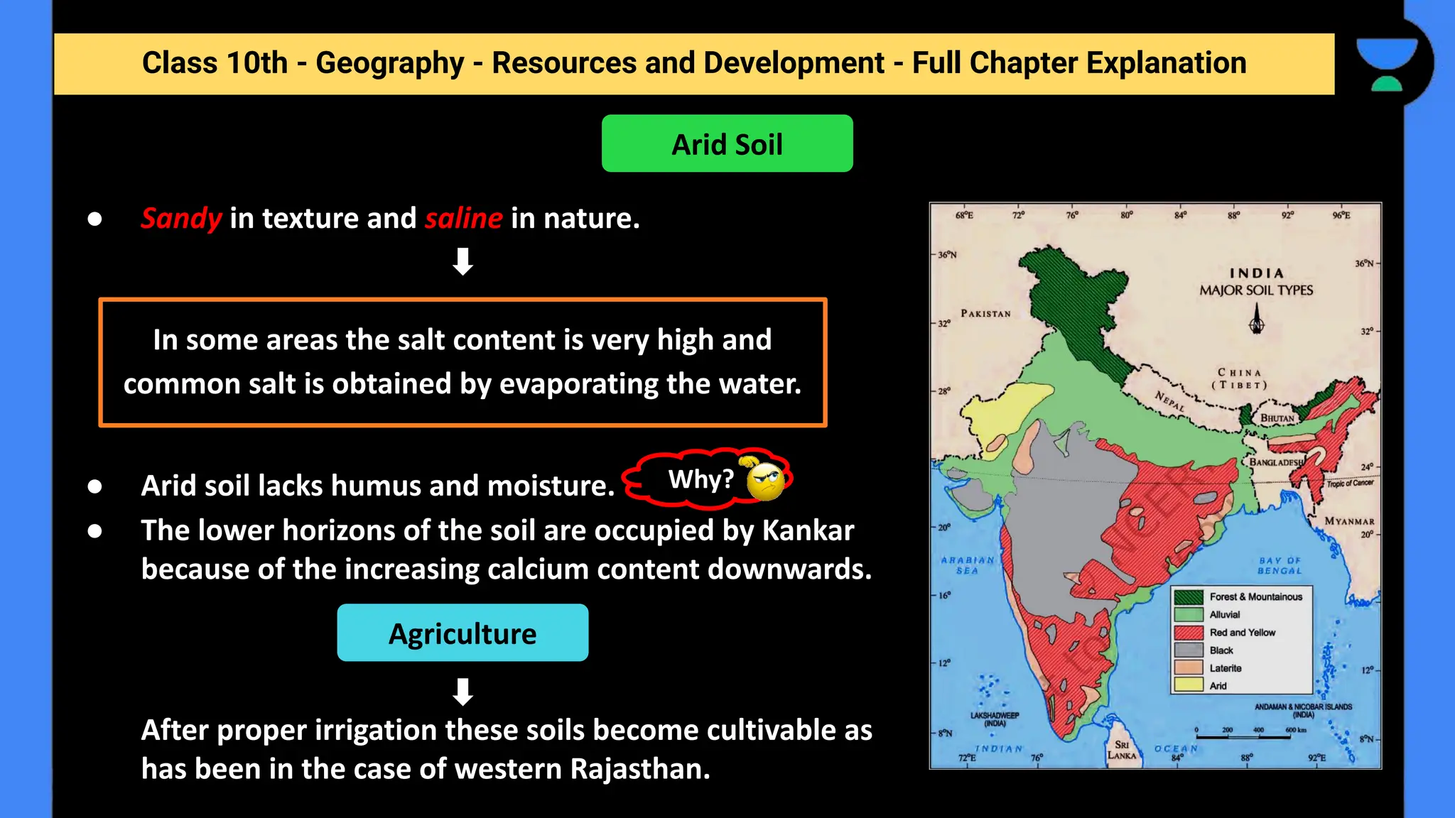 Class 10th - Geography - Resources and Development - Full Chapter Explanation
● Sandy in texture and saline in nature.
● Arid soil lacks humus and moisture.
● The lower horizons of the soil are occupied by Kankar
because of the increasing calcium content downwards.
After proper irrigation these soils become cultivable as
has been in the case of western Rajasthan.
Arid Soil
In some areas the salt content is very high and
common salt is obtained by evaporating the water.
Why?
Agriculture
 