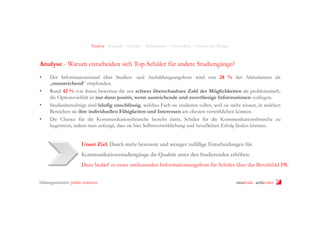 Analyse - Strategie - Leitidee - Maßnahmen - Controlling - Timing und Budget

Analyse - Warum entscheiden sich Top-Schüler für andere Studiengänge?
• 
• 
• 
• 

Der Informationsstand über Studien- und Ausbildungsangebote wird von 28 % der Abiturienten als
„unzureichend“ empfunden.
Rund 42 % von ihnen bewerten die nur schwer überschaubare Zahl der Möglichkeiten als problematisch,
die Optionsvielfalt ist nur dann positiv, wenn ausreichende und zuverlässige Informationen vorliegen.
Studienberechtige sind häufig unschlüssig, welches Fach sie studieren sollen, weil sie nicht wissen, in welchen
Bereichen sie ihre individuellen Fähigkeiten und Interessen am ehesten verwirklichen können.
Die Chance für die Kommunikationsbranche besteht darin, Schüler für die Kommunikationsbranche zu
begeistern, indem man aufzeigt, dass sie hier Selbstverwirklichung und beruflichen Erfolg finden können.

Unser Ziel: Durch mehr bewusste und weniger zufällige Entscheidungen für
Kommunikationsstudiengänge die Qualität unter den Studierenden erhöhen.
Dazu bedarf es eines umfassenden Informationsangebots für Schüler über das Berufsfeld PR.	
  
bildungsinitiative public relations

ninakrake attilasöder

 