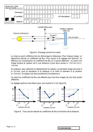 Page 11 / 13
Figure 6 : Pointage correct d’un astre
La mise au point s’effectue lors du démarrage du télescope. Pour chaque image, un
algorithme calcule un coefficient de flou. Pour savoir si le réglage est optimum, on
effectue une comparaison du coefficient de flou en 3 points différents : on prend une
image lorsque le capteur est à une distance d puis deux autres à + 0,4 mm et à -
0,4 mm.
En pratique, pour optimiser le déplacement du capteur, la première image est prise à
d - 0,4 mm, puis la deuxième à la distance d et enfin la dernière à la position
d + 0,4 mm ; le capteur est alors positionné à la distance d.
Le calcul du coefficient de flou est effectué pour les trois images de ces trois points
différents.
Le réglage optimum est obtenu pour une courbe en V (cf. figure 6).
Figure 6 : Trois cas de relevés du coefficient de flou en fonction de la distance
G1SSCIN03206
 