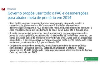 Governo propõe usar todo o PAC e desonerações
para abater meta de primário em 2014
• Sem limite, o governo poderá abater muito mais, já que de janeiro a
setembro os gastos com o PAC somam 47,2 bilhões de reais e as
desonerações chegam a 75,7 bilhões de reais, segundo dados do Tesouro. E
esse montante total de 123 bilhões de reais deve subir até o fim do ano.
• A meta de superávit primário, que é a poupança para o pagamento dos
juros da dívida pública, estabelecida na LDO é de 167,4 bilhões de reais, ou
cerca de 3 por cento do Produto Interno Bruto (PIB). Mas com os descontos
permitidos, o governo estava perseguindo uma meta de 99 bilhões de reais
neste ano, equivalente a 1,9 por cento do PIB.
• De janeiro a setembro, contudo, o resultado primário do setor público
consolidado --governo central, Estados, municípios e estatais-- ficou
negativo em 15,286 bilhões de reais, o primeiro na série histórica do Banco
Central, iniciada em 2002.
http://www.msn.com/pt-br/dinheiro/economiaenegocios/governo-prop%c3%b5e-usar-todo-o-pac-e-desonera%c3%a7%c3%b5es-para-abater-meta-de-prim%c3%a1rio-em-2014/ar-AA7AFhI?ocid=mailsignout
 