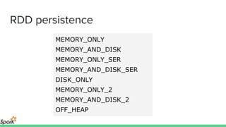 RDD persistence
MEMORY_ONLY
MEMORY_AND_DISK
MEMORY_ONLY_SER
MEMORY_AND_DISK_SER
DISK_ONLY
MEMORY_ONLY_2
MEMORY_AND_DISK_2
OFF_HEAP
 