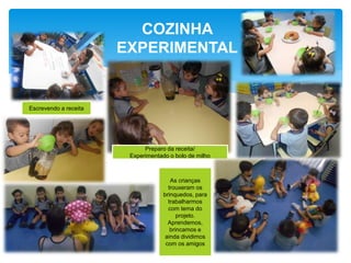 COZINHA
EXPERIMENTAL
Escrevendo a receita
Preparo da receita/
Experimentado o bolo de milho
As crianças
trouxeram os
brinquedos, para
trabalharmos
com tema do
projeto.
Aprendemos,
brincamos e
ainda dividimos
com os amigos
 