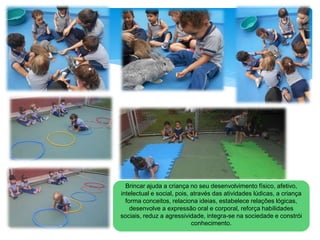 Brincar ajuda a criança no seu desenvolvimento físico, afetivo,
intelectual e social, pois, através das atividades lúdicas, a criança
forma conceitos, relaciona ideias, estabelece relações lógicas,
desenvolve a expressão oral e corporal, reforça habilidades
sociais, reduz a agressividade, integra-se na sociedade e constrói
conhecimento.
 