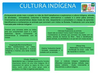CULTURA INDÍGENA
Tivemos uma conversa sobre os índios,
para que compreendam quem é o índio,
explorando figuras, conhecendo as
características e comparando com as
nossas.
Pesquisa
Ciências/ Explorando os animais
- Quem são os índios? Como vivem? Onde moram?
- Conhecemos os animais que convivem nas matas com os
índios, através de trechos do filme Taina 2 identificamos
esses animais, os domésticos e os que tem em nossa escola.
Imaginação/Movimento/Música
- Nos transformamos em índios,
montamos a oca, dançamos à musicas
indígenas e tivemos uma tarde vivendo
na tribo.
História “Indiozinho Havita”
- Amizade, cooperação e o
cuidado com os animais.
Oficina/ Arte
Matemática: Cores Primárias
- Confecção do cocar; colar feito
de macarrão e o tambor
Enriquecendo ainda mais o projeto no mês de Abril trabalhamos e exploramos a cultura indígena, através
de atividades, brincadeiras, costumes e histórias, estimulamos o cuidado e o amor pelos animais,
Vivenciamos as características desse modo de vida, despertando a curiosidade e o desejo de aprender.
Identificamos e conhecemos os animais que convivem com índios na floresta. Finalizando com uma tarde
marcada pela vivência indígena
Com a vivência indígena trabalhamos
diferentes costumes, danças, colheita, caça,
pesca, culinária, rituais, vivenciando e
descobrindo a cultura indígena.
Virtude: Obediência
Aprendemos que o Cacique desempenha funções
importantes dentro de uma tribo indígena. Ele é
responsável em aplicar as regras da tribo, o que
lidera, assim como em nosso grupo onde a
professora é o líder e organiza seus alunos.
 