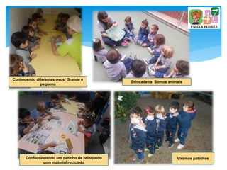 Conhecendo diferentes ovos/ Grande e
pequeno
Brincadeira: Somos animais
Viramos patinhosConfeccionando um patinho de brinquedo
com material reciclado
 