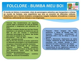 FOLCLORE - BUMBA MEU BOI
O mundo do folclore é encantado, cheio de personagens estranhos que transportam a criança
ao mundo da fantasia, uma experiência que leva ao encontro de diferentes culturas.
Trabalhando com o folclore brasileiro conseguimos resgatar tradições, brincadeiras e músicas
folclóricas, estimulando as crianças e sua imaginação.
• Vivência: Nos transformamos em vaqueiros
usando trajes e montamos em cima do Bumba,
balançamos e imaginamos que estávamos na
festa.
• Histórias Contadas: Bumba meu boi/ Saci Pererê.
Assistimos a um episódio da história do saci do
Sítio do pica pau amarelo e conhecemos
diferentes personagens do folclore, das lendas
bem como os animais do sítio.
• Brincadeiras : Pulo do Saci – Peteca - Pula
corda – esconde esconde.
• Sitio do Pica Pau Amarelo na escola, exploramos
os diferentes personagens e nos transformamos,
dançamos e vivenciamos grandes momentos.
• Arte/ Oficina: Construção de um brinquedo
folclórico – Peteca. Também montamos,
utilizando material reciclável, um Bumba meu boi
para dançarmos, assim como nas festas
folclóricas que pesquisamos
• Cozinha Experimental/Contagem numérica:
Bolinho de chuva da Tia Anastácia.
.
• Pesquisa: Vimos imagens das festas
folclóricos, a dança do Bumba meu boi,
fantasias. Observamos semelhanças e
diferenças entre o boi da dança e o boi da
fazenda.
• Música e Movimento: Exploramos as várias
cantigas folclóricas de roda, desenvolvendo a
expressão oral, audição, atenção e ritmo.
Cantamos em roda e dançamos com alegria.
• Álbum de registros: Depois de estudar as
características do boi registramos colorindo e
colamos pedaços coloridos de papel.
 