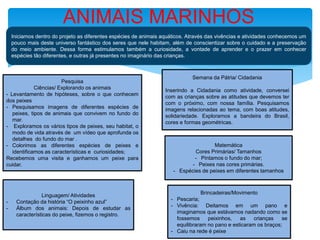 ANIMAIS MARINHOS
Iniciamos dentro do projeto as diferentes espécies de animais aquáticos. Através das vivências e atividades conhecemos um
pouco mais deste universo fantástico dos seres que nele habitam, além de conscientizar sobre o cuidado e a preservação
do meio ambiente. Dessa forma estimulamos também a curiosidade, a vontade de aprender e o prazer em conhecer
espécies tão diferentes, e outras já presentes no imaginário das crianças.
Matemática
Cores Primárias/ Tamanhos
- Pintamos o fundo do mar;
- Peixes nas cores primárias.
- Espécies de peixes em diferentes tamanhos
Brincadeiras/Movimento
- Pescaria;
- Vivência: Deitamos em um pano e
imaginamos que estávamos nadando como se
fossemos peixinhos, as crianças se
equilibraram no pano e esticaram os braços;
- Caiu na rede é peixe
Pesquisa
Ciências/ Explorando os animais
- Levantamento de hipóteses, sobre o que conhecem
dos peixes
- Pesquisamos imagens de diferentes espécies de
peixes, tipos de animais que convivem no fundo do
mar.
- Exploramos os vários tipos de peixes, seu habitat, o
modo de vida através de um vídeo que aprofunda os
detalhes do fundo do mar .
- Colorimos as diferentes espécies de peixes e
identificamos as características e curiosidades;
Recebemos uma visita e ganhamos um peixe para
cuidar.
Linguagem/ Atividades
- Contação da história “O peixinho azul”
- Álbum dos animais: Depois de estudar as
características do peixe, fizemos o registro.
Semana da Pátria/ Cidadania
Inserindo a Cidadania como atividade, conversei
com as crianças sobre as atitudes que devemos ter
com o próximo, com nossa família. Pesquisamos
imagens relacionadas ao tema, com boas atitudes,
solidariedade. Exploramos a bandeira do Brasil,
cores e formas geométricas.
 