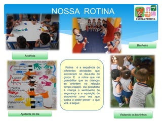 NOSSA ROTINA
Acolhida
Banheiro
Ajudante do dia
Rotina é a sequência de
diferentes atividades que
acontecem no dia-a-dia do
grupo. É a rotina que vai
possibilitar que as crianças
se orientem na relação
tempo-espaço, ela possibilita
à criança o sentimento de
segurança e a aquisição de
autonomia uma vez que
passa a poder prever o que
virá a seguir.
Visitando os bichinhos
 
