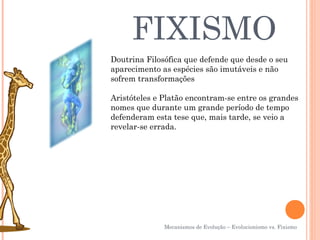 FIXISMO
Doutrina Filosófica que defende que desde o seu
aparecimento as espécies são imutáveis e não
sofrem transformações

Aristóteles e Platão encontram-se entre os grandes
nomes que durante um grande período de tempo
defenderam esta tese que, mais tarde, se veio a
revelar-se errada.




              Mecanismos de Evolução – Evolucionismo vs. Fixismo
 