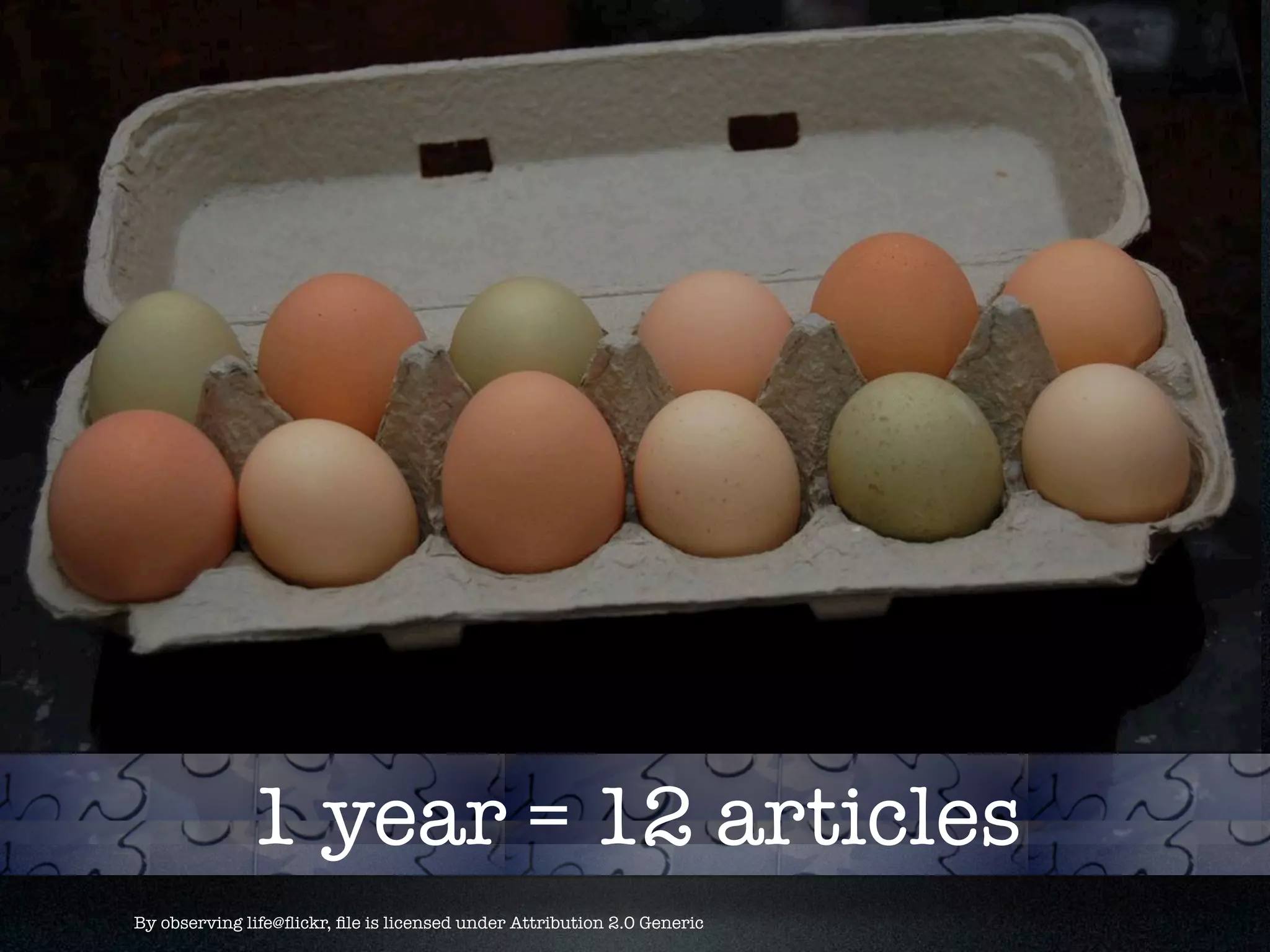 1 year = 12 articles 
By observing life@flickr, file is licensed under Attribution 2.0 Generic 
 