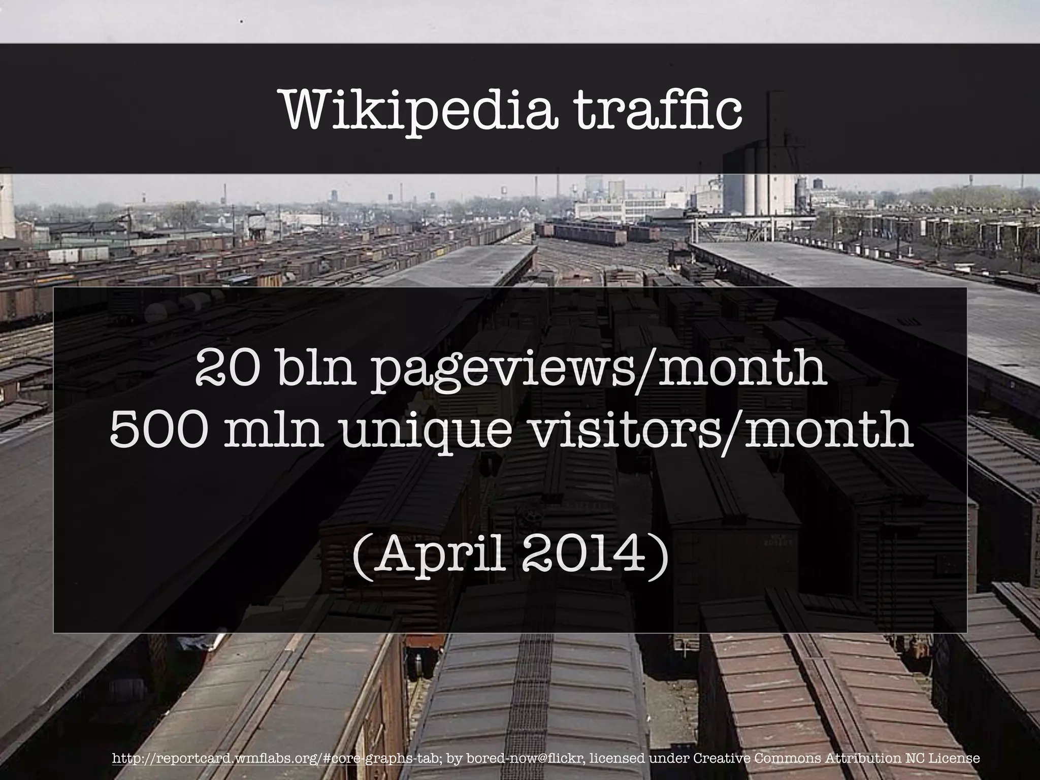Wikipedia traffic 
20 bln pageviews/month 
500 mln unique visitors/month 
! 
(April 2014) 
http://reportcard.wmflabs.org/#core-graphs-tab; by bored-now@flickr, licensed under Creative Commons Attribution NC License 
 