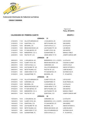Federación Interinsular de Fútbol de Las Palmas 
GRAN CANARIA 
Página 6 de 8 
Temp. 2014/2015 
CALENDARIO DE PRIMERA CADETE GRUPO 2 
JORNADA 21 
21/02/2015 11:30 VILLA STA.BRIGIDA,CD L´AVALANCHA, UD. LOS OLIVOS 
21/02/2015 11:30 QUINTOGAL, C.D. SIETE PALMAS, A.D. SAN ISIDRO 
21/02/2015 12:00 BECERRIL, CD. COSTA AYALA, U.J. LA ATALAYA 
21/02/2015 12:00 MESAS BACHICAO.,UD. LAS PALMAS "B", UD. LAS MESAS 
21/02/2015 12:00 P.P.SAN MATEO, CF. CLARET ATCO, AD. SAN MATEO 
21/02/2015 19:00 BAÑADEROS, C.D. U. GUANARTEME, FC MANUEL PABLO 
22/02/2015 12:00 PILETAS "B", U.D. UNION VIERA "C" CF. JOSEPH GARCIA UMP. 
JORNADA 22 
28/02/2015 10:30 L´AVALANCHA, UD. BAÑADEROS, C.D. U. COSTA LA ATALAYA 
28/02/2015 10:30 CLARET ATCO, AD. MESAS BACHICAO.,UD. COLEGIO CLARET 
28/02/2015 12:00 COSTA AYALA, U.J. CARDONES, CD. COSTA AYALA 
28/02/2015 14:00 LAS PALMAS "B", UD. VILLA STA.BRIGIDA,CD ANEXO ESTADIO G. 
28/02/2015 16:00 SIETE PALMAS, A.D. PILETAS "B", U.D. LOMO BLANCO 
01/03/2015 9:00 UNION VIERA "C" CF. P.P.SAN MATEO, CF. ALFONSO SILVA 
01/03/2015 12:00 GUANARTEME, FC BECERRIL, CD. P. ATLANTICO 
JORNADA 23 
07/03/2015 11:30 VILLA STA.BRIGIDA,CD CLARET ATCO, AD. LOS OLIVOS 
07/03/2015 12:00 CARDONES, CD. GUANARTEME, FC ELIAS RISKALLAL 
07/03/2015 12:00 BECERRIL, CD. L´AVALANCHA, UD. LA ATALAYA 
07/03/2015 12:00 MESAS BACHICAO.,UD. UNION VIERA "C" CF. LAS MESAS 
07/03/2015 12:00 P.P.SAN MATEO, CF. SIETE PALMAS, A.D. SAN MATEO 
07/03/2015 19:00 BAÑADEROS, C.D. U. LAS PALMAS "B", UD. MANUEL PABLO 
08/03/2015 12:00 PILETAS "B", U.D. QUINTOGAL, C.D. JOSEPH GARCIA UMP. 
JORNADA 24 
14/03/2015 10:30 L´AVALANCHA, UD. CARDONES, CD. LA ATALAYA 
14/03/2015 10:30 CLARET ATCO, AD. BAÑADEROS, C.D. U. COSTA COLEGIO CLARET 
14/03/2015 11:30 QUINTOGAL, C.D. P.P.SAN MATEO, CF. SAN ISIDRO 
14/03/2015 14:00 LAS PALMAS "B", UD. BECERRIL, CD. ANEXO ESTADIO G. 
14/03/2015 16:00 SIETE PALMAS, A.D. MESAS BACHICAO.,UD. LOMO BLANCO 
15/03/2015 9:00 UNION VIERA "C" CF. VILLA STA.BRIGIDA,CD ALFONSO SILVA 
15/03/2015 12:00 GUANARTEME, FC COSTA AYALA, U.J. P. ATLANTICO 
 