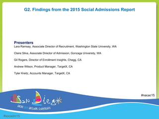 G2. Findings from the 2015 Social Admissions Report
Presenters
Lara Ramsay, Associate Director of Recruitment, Washington State University, WA
Claire Silva, Associate Director of Admission, Gonzaga University, WA
Gil Rogers, Director of Enrollment Insights, Chegg, CA
Andrew Wilson, Product Manager, TargetX, CA
Tyler Kreitz, Accounts Manager, TargetX, CA
#socadm15
#nacac15
 