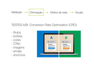 TESTES A/B: Conversion Rate Optimization (CRO) 
 
- títulos 
- botões 
- cores 
- CTAs 
- imagens 
- emails 
- anúncios
Validação Otimização Efeitos de rede Escala
 