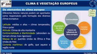 Diferentes fatores naturais podem ser apontados
como responsáveis pela formação dos diversos
climas europeus:
Latitude: médias e altas – climas temperados,
frios e polar
Altitude: Climas de alta montanha
Continentalidade e Maritimidade: (abrandam ou
tornam climas mais rigorosos)
Massas de ar: quentes vindas da África e frias
vindas do Polo
Corrente marítimas: do golfo, que aquece a
região norte
Os elementos do clima europeu
CLIMA E VEGETAÇÃO EUROPEUS
 